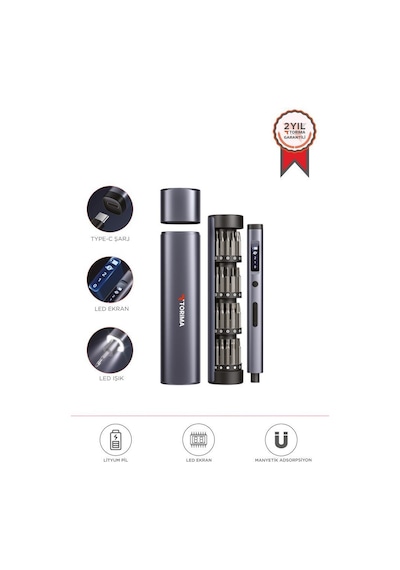 Torima Tts-03 60 Parça Şarjlı Hassas Tornavida Seti Led Işıklı, Mıknatıslı Alüminyum Kasa, Type-c