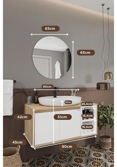 Gül Beyaz 90 Cm Banyo Dolabı Ayna Lavabo Beyaz