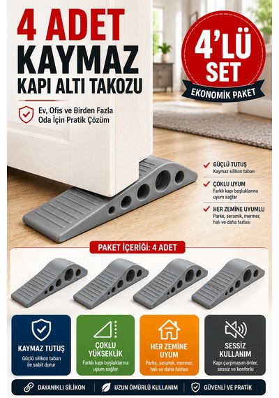 4 Adet Gri Silikon Kapı Altı Stoperi Kaydırmaz Kapı Durdurucu 12 Cm Kapı Sabitleyici