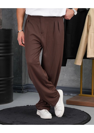 Modefendi Baggy Kalıp Pile Detaylı Kumaş Pantolon Kahverengi