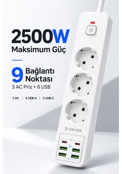 Akım Korumalı Priz 3'lü 4x Usb-a + 2x Usb-c 2 Metre Kablo 0 - 2 M
