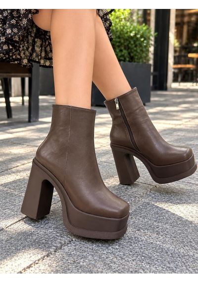 Asmi Shoes Kadın Latina Kahverengi 12 Cm Platform Topuklu Fermuarlı Bot
