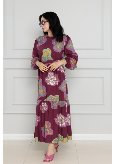 Sevitli Desenli Kuşaklı Viscon Elbise-bordo-4105-bordo Bordo