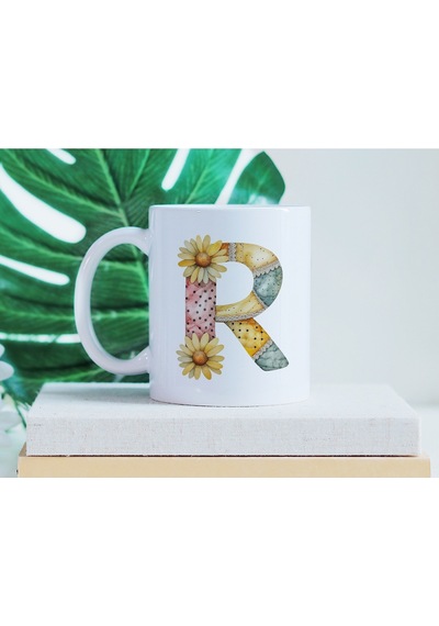 R Harfli Retro Çiçekli Kupa Bardak - Patchwork Tarz Yamalı Desenli İsme Özel Kupa - Hediye 07 Beyaz