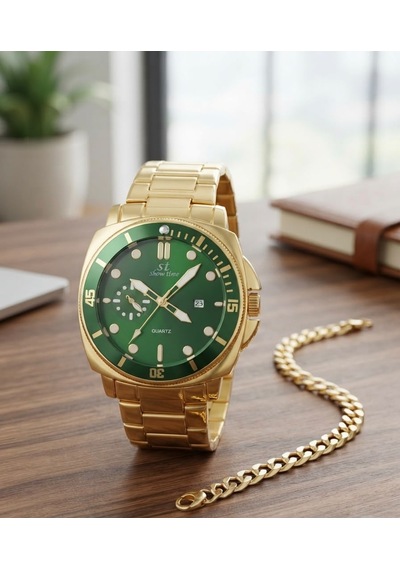 Erkek Bezel Kol Saati Bileklik Hediyeli Yeşil Kadran Takvimli Çelik Kordon Quartz Analog Saat Frn09