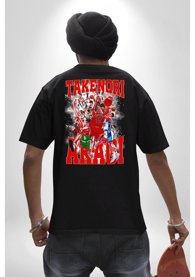 Basketbol Akagi Takenori Anime Slam Dunk Karakter Pamuklu Unisex Oversize Sırt Dijital Baskılı Siyah T-shirt Siyah