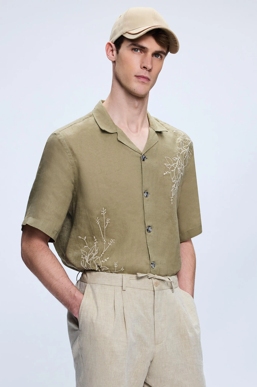 Hatemoğlu Haki Comfort Fit Düğmeli Yaka 100% Keten Kısa Kollu Gömlek 4112080 Hatemoğlu Haki Comfort Fit Düğmeli Yaka 100% Keten Kısa Kollu Gömlek 4112080