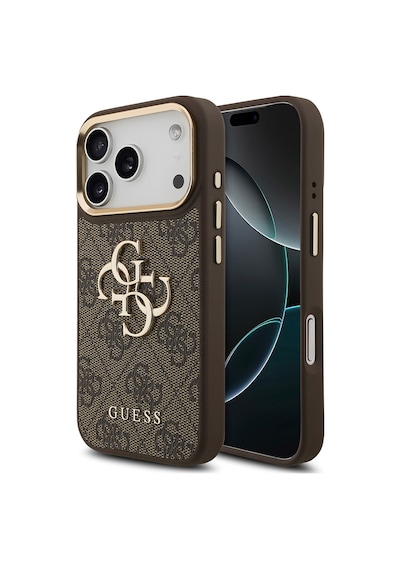 Apple Uyumlu iPhone 17 Pro Kılıf Guess Lisanslı Gold Kamera Çerçeveli 4g Desenli Büyük 4g Ve Yazı Logolu Kahve Kahverengi