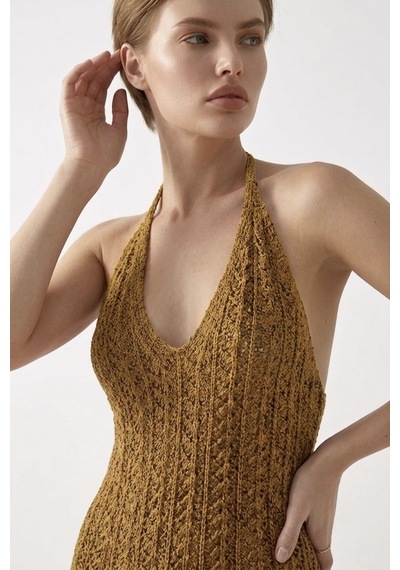 Neden Tekstil Beachwear Boyundan Bağlamalı Ajurlu Triko Plaj Elbisesi - Hardal