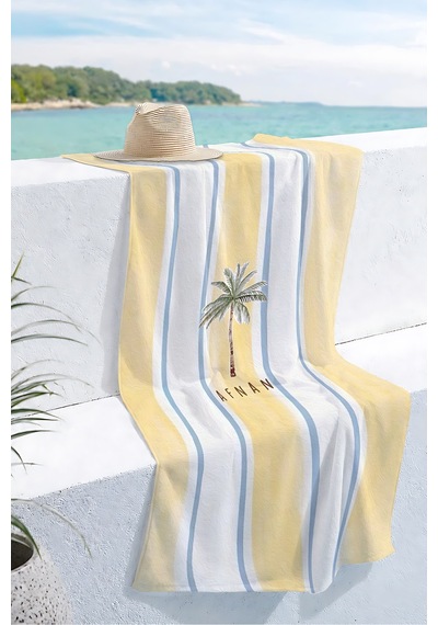 Palmiye Çizgili Tropikal Plaj Havlusu - Sarı Mavi Minimalist Marine Hızlı Kuruyan Mikrofiber Havlu Mat Leylak