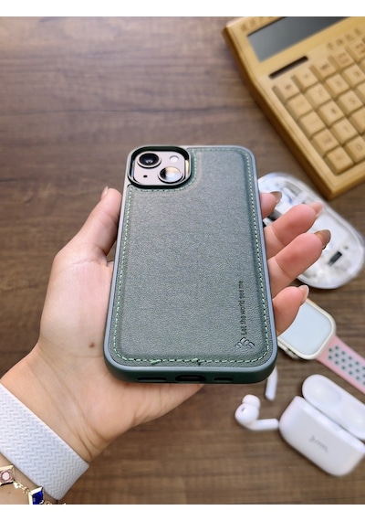 Apple iPhone 14 Uyumlu Premium Deri Dokulu Darbelere Karşı Dayanıklı Nazal Silikon Kılıf Haki