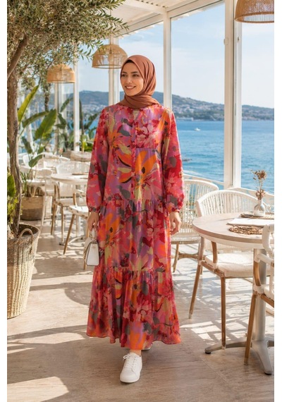 Hb Harma Time Butik Kadın Rahat Kesim Desenli Modal Kumaş Kırmızı Elbise