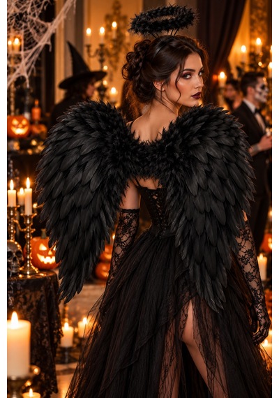 Halloween Siyah 80x70 Melek Kanadı Haleli Melek Tacı Uzun Dantel Eldiven 3'lü Kostüm Seti Cadılar Bayramı