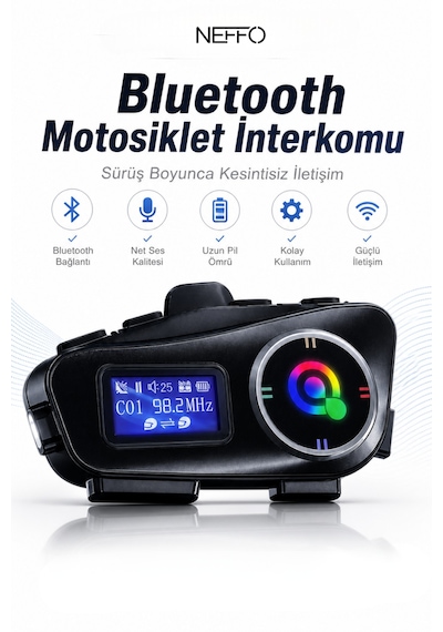 İntercom 2 Kişi Bağlantılı Telsiz Özellikli Bluetooth Kask Kulaklık Ekranlı Fenerli Telsiz Intercom