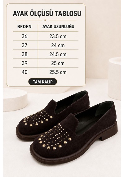 Dabab Shoes Monıca Kadın Acı Kahve Süet Taşlı Zımbalı Yuvarlak Burun 2 Cm Kalın Taban Loafer Ayakkabı Kahverengi