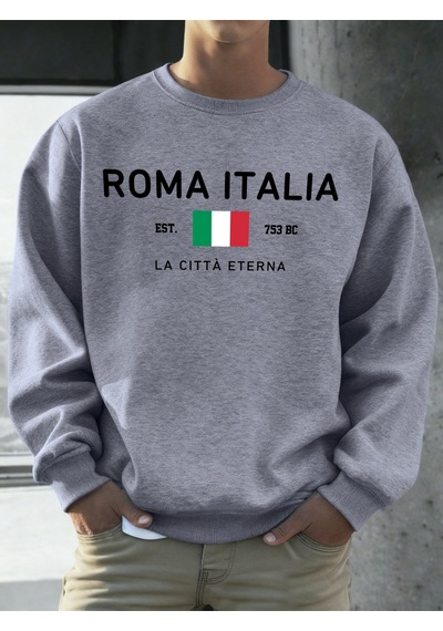 Startmore Startmoreroma Italia Est.753 Baskılı Kazak Erkekler Bisiklet Yaka Polar Giyim Gevşek Sonbahar Kazaklar Gri