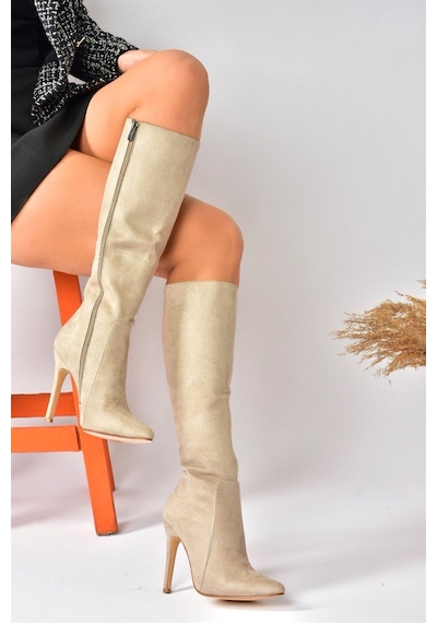 Fox Shoes Bej Süet İnce Topuklu Sivri Burun Kadın Çizme N372530102 Bej