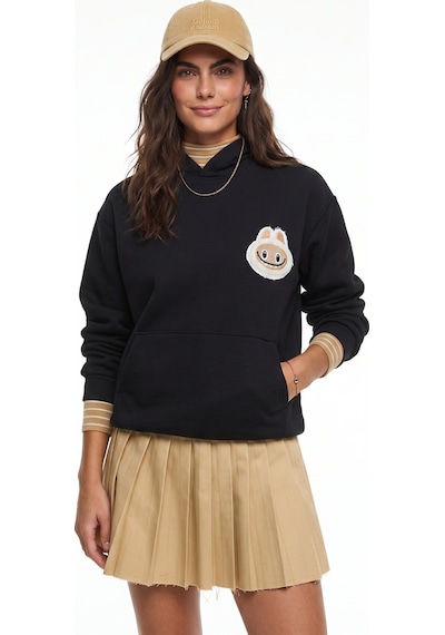 Onloox Kadın Siyah Siyah Pamuklu Kapüşonlu Uzun Kollu Nakış İşlemeli Kanguru Cepli Sweatshirt