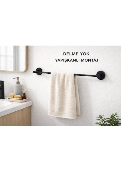 Viosa Yapışkanlı Siyah Uzun Havluluk Banyo Mutfak Havlu Askılık Kolay Montaj Krom