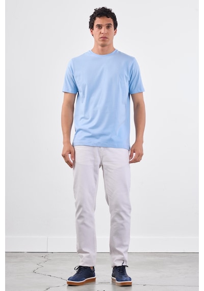 Dufy Açık Mavi Bisiklet Yaka Pamuklu Düz Renk Slim Fit Erkek T-shirt Mavi