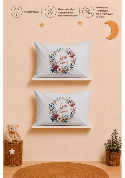 İsimli Kız Bebek Hediye Seti 2 Adet 35x45 %100 Pamuk Yastık Kılıfı Ve Ham Bez Kıyafet Kesesi 1069y2k0x