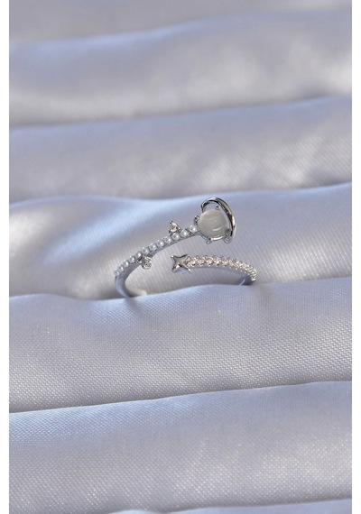 Mey İthalat Pirinç Gümüş Renk Zirkon Taşlı İncili Satürn Model Ayarlanabilir Yüzük Çok Renkli