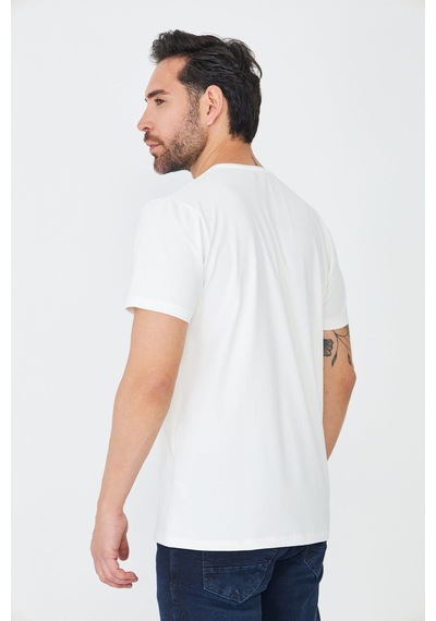 Beyaz Bisiklet Yaka Basic T-shirt Ekru