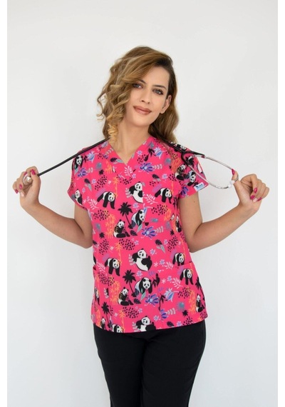 Pembe Panda Desen Cerrahi Doktor Hemşire Hastane Aşçı Likralı Forma Alt Üst Takım Karma Karma
