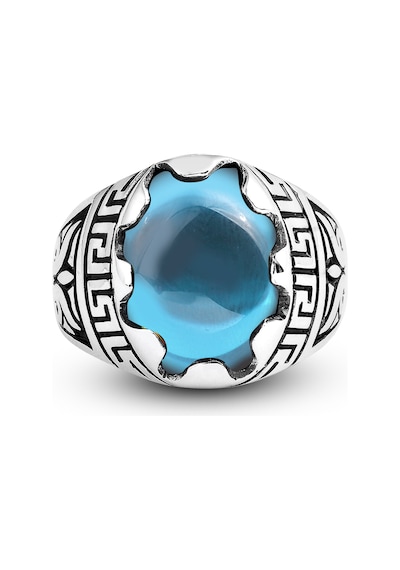 Kuyumcudukkani Düz Oval Kubbe Kesim Taşlı Gümüş Erkek Yüzük-60003-w-blu 23 Beyaz