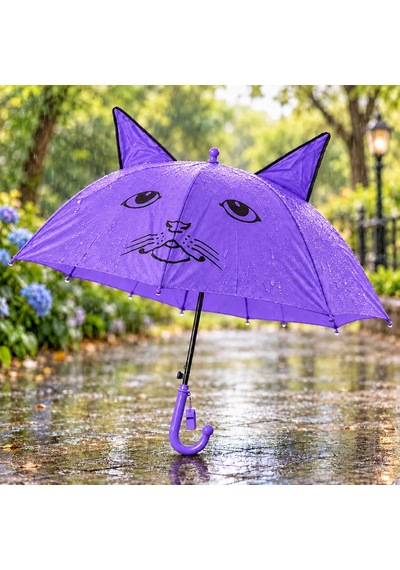 Mubx Kedi Kulaklı Çocuk Şemsiyesi 76 Cm Çap Sevimli Figürlü Düdüklü Yağmur Şemsiyesi Mor