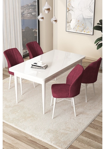Canisa Arp Serisi, Beyaz Masa 71x110 Sabit Yemek Odası Takımı, 4 Bordo Sandalye Beyaz Masa Sandalye Bordo Canisa Arp Serisi, Beyaz Masa 71x110 Sabit Yemek Odası Takımı, 4 Bordo Sandalye Beyaz Masa Sandalye Bordo