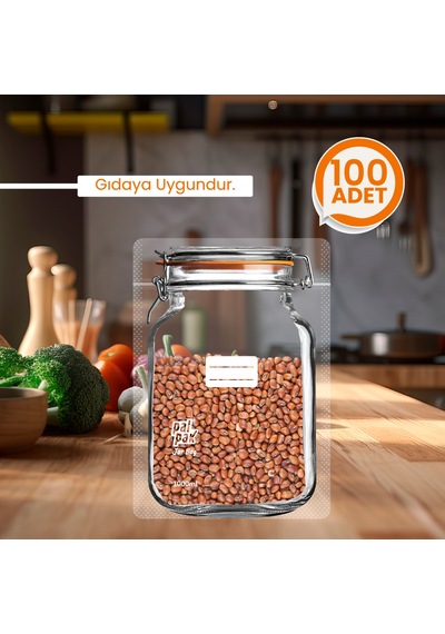 Klips Desenli Büyük Boy Kavanoz Görünümlü Kilitli Doypack Saklama Poşeti 17x27cm - 1000ml 100 Adet Şeffaf