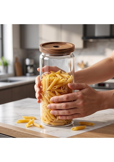 Lexroo Akasya Kapaklı Yuvarlak Borosilikat Cam Kavanoz 1000 Ml, 9 20 Cm, Orta Delikli Ahşap Kapak Çok Renkli
