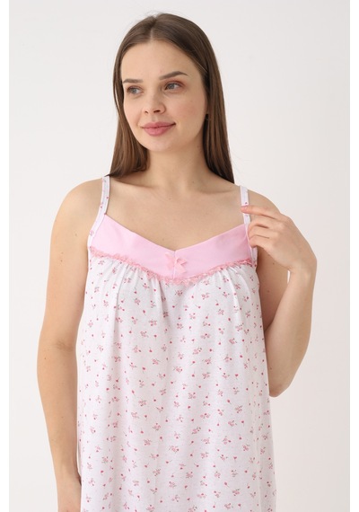 Yasar Underwear Kadın %100 Pamuk Askılı Gecelik V Yaka, Çiçek Desenli, Rahat Kalıp Pembe Pembe