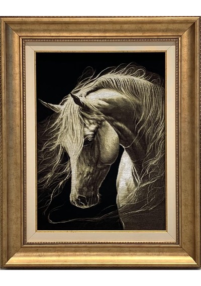Lüks El Dokuma İran Tablo Halısı Beyaz At 49x70 Cm Yün & İpek İran Üretim Çok Renkli