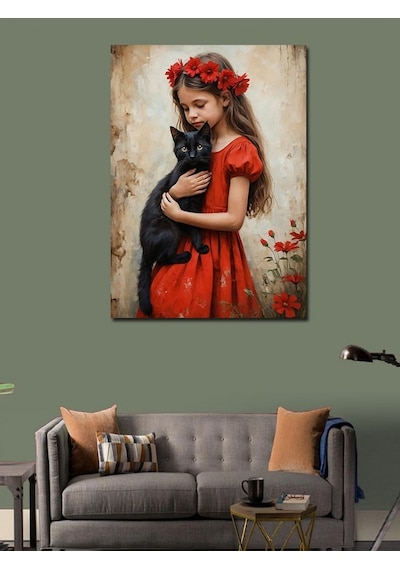 Kanvas Tablo Kedi Ve Çiçek Taclı Kız 100cmx140cm