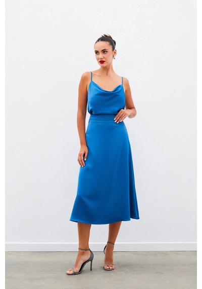 Sateen Midi Boy Saten Etek - İndigo-134963 İndigo