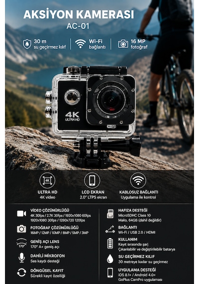 4k Wifi Aksiyon Kamerası 16 Mp 30 Metre Su Geçirmez Kılıflı 2.0 İnç Lcd Ekranlı Geniş Açılı Spor Kamera Siyah