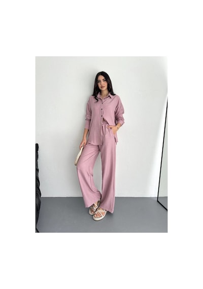 Kadın Gömlek Pantolon İkili Alt-üst Takım - Toz Pembe