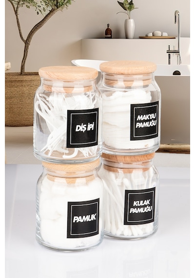 4'lü Ahşap Vakumlu Kapaklı Kulak Pamuğu Makyaj Pamuğu Diş İpi Ve Pamuk Kavanozu 300 Ml Şeffaf