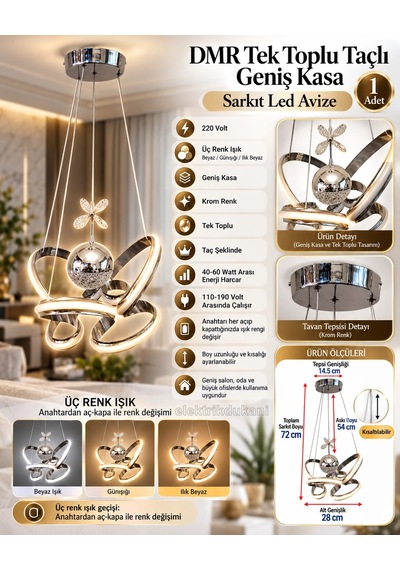 Dmr Tek Toplu Taçlı Geniş Kasa Krom Şerit Sarkıt Led Avize Üç Renk 6500k/4000k/3000k Beyaz /ılık Be Çok Renkli