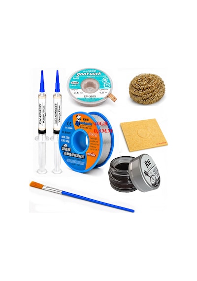 Lehimleme Seti 0,8 Mm 40 Gr Lehim Teli 2 Li Flux Cp-3515 Lehim Fitili 1fırça Ve Havya Ucu Temizleme Seti St43