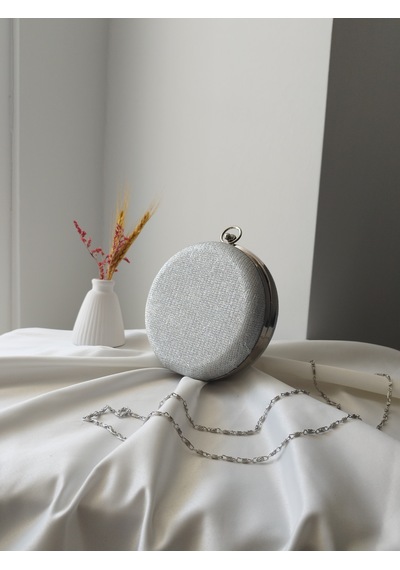 Vivazzaluxe Modern Yuvarlak Model Simli Düğün Nişan Gelin Kadın Abiye Clutch Çanta Gümüş