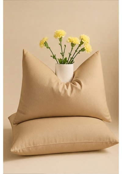 Bej Renkli Pamuklu Ranforce Kumaş Kapaklı Yastık Kılıfı 2 Adet 50x70 Cm