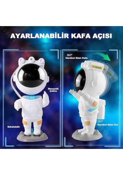 Robeve Astronot Gece Lambası Projektör Uzaktan Kumandalı Çok Renkli Nebula Yıldızlı Zamanlayıcılı Beyaz