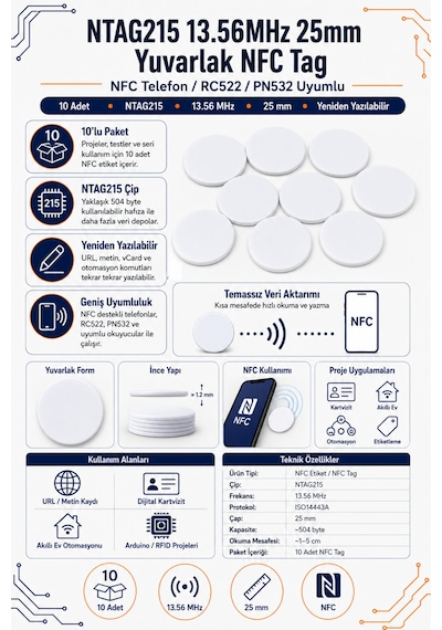 Ntag215 13.56mhz 25mm Yuvarlak Nfc Tag 10 Adet