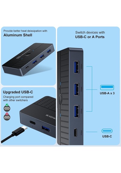 Usb 3.0 Anahtarı 2 Bilgisayar 4 Portlu Usb C & A Paylaşım Anahtarı, Pc Paylaşımı İçin Usb Switcher Hub Fare Klav
