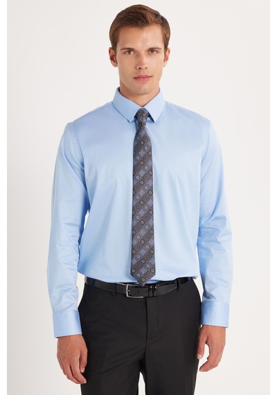Tudors Erkek Slim Fit Premium Likralı Pamuk Saten Mavi Gömlek-35741 Mavi