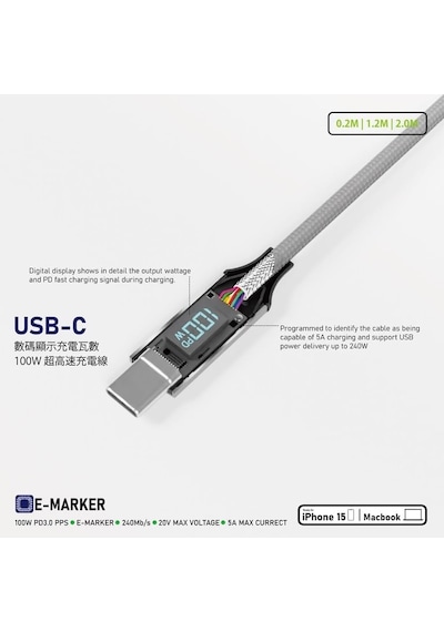 100w 5a Pd Şarj Kablosu 200 Cm Led Güç Göstergeli Hızlı Şarj Ve Data Kablosu 480mps Type-c To Type-c Pd 3.0 Pps