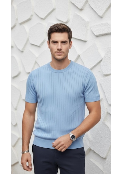 Plus Scorpion Erkek Slim Fit Triko Tişört Bisiklet Yaka Çizgili Modern Şık Tasarım Mavi